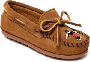 Minnetonka Childrens Thunderbird Animikii Hardsole - Moccasins for Kids with a Classic Leather Moccasin Silhouette, Cushioned Footbed, and Beaded Moccasin Design