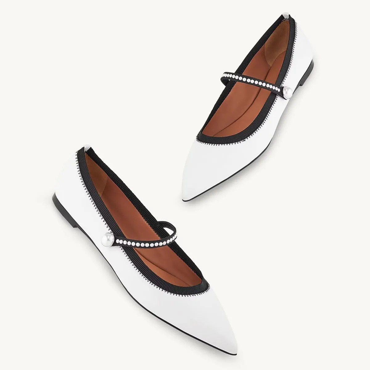 miss left Women Classic Pointed Toe Pearls Single Strap Buckle Flat Mary Janes Comfy Party Dance Ballet Shoes Size 4-16 US