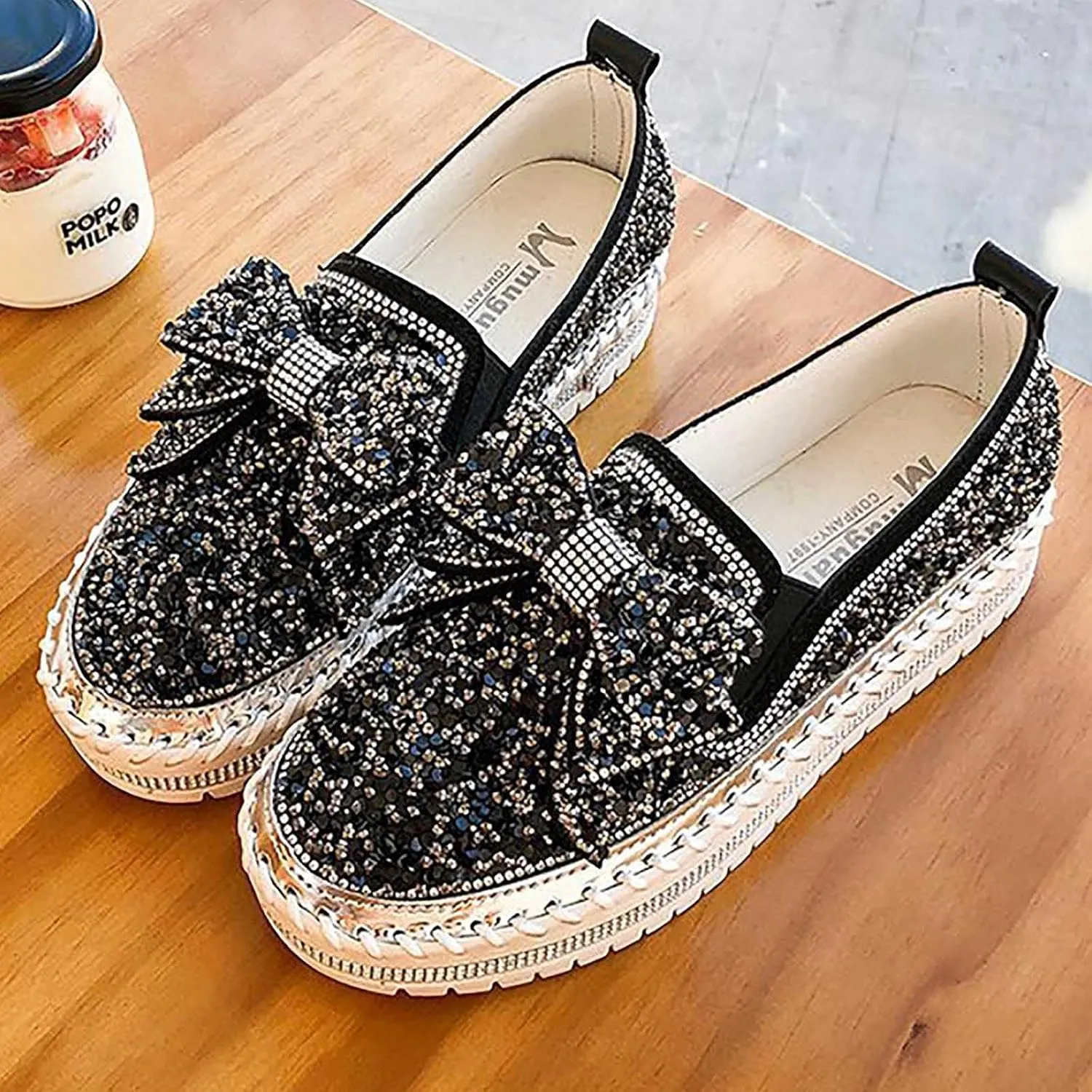 oiangi Womens Bow Sequined Platform Shoes,Fashion Round Toe Closed Toe Slip-on Comfy Sneaker Casual Flat Loafers