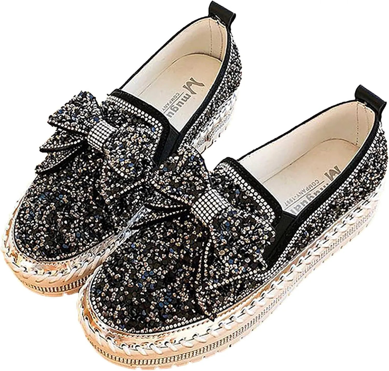 oiangi Womens Bow Sequined Platform Shoes,Fashion Round Toe Closed Toe Slip-on Comfy Sneaker Casual Flat Loafers