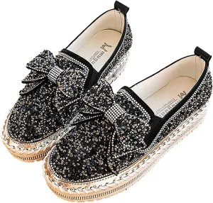 oiangi Womens Bow Sequined Platform Shoes,Fashion Round Toe Closed Toe Slip-on Comfy Sneaker Casual Flat Loafers