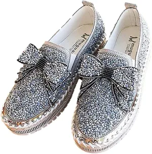 oiangi Womens Bow Sequined Platform Shoes,Fashion Round Toe Closed Toe Slip-on Comfy Sneaker Casual Flat Loafers