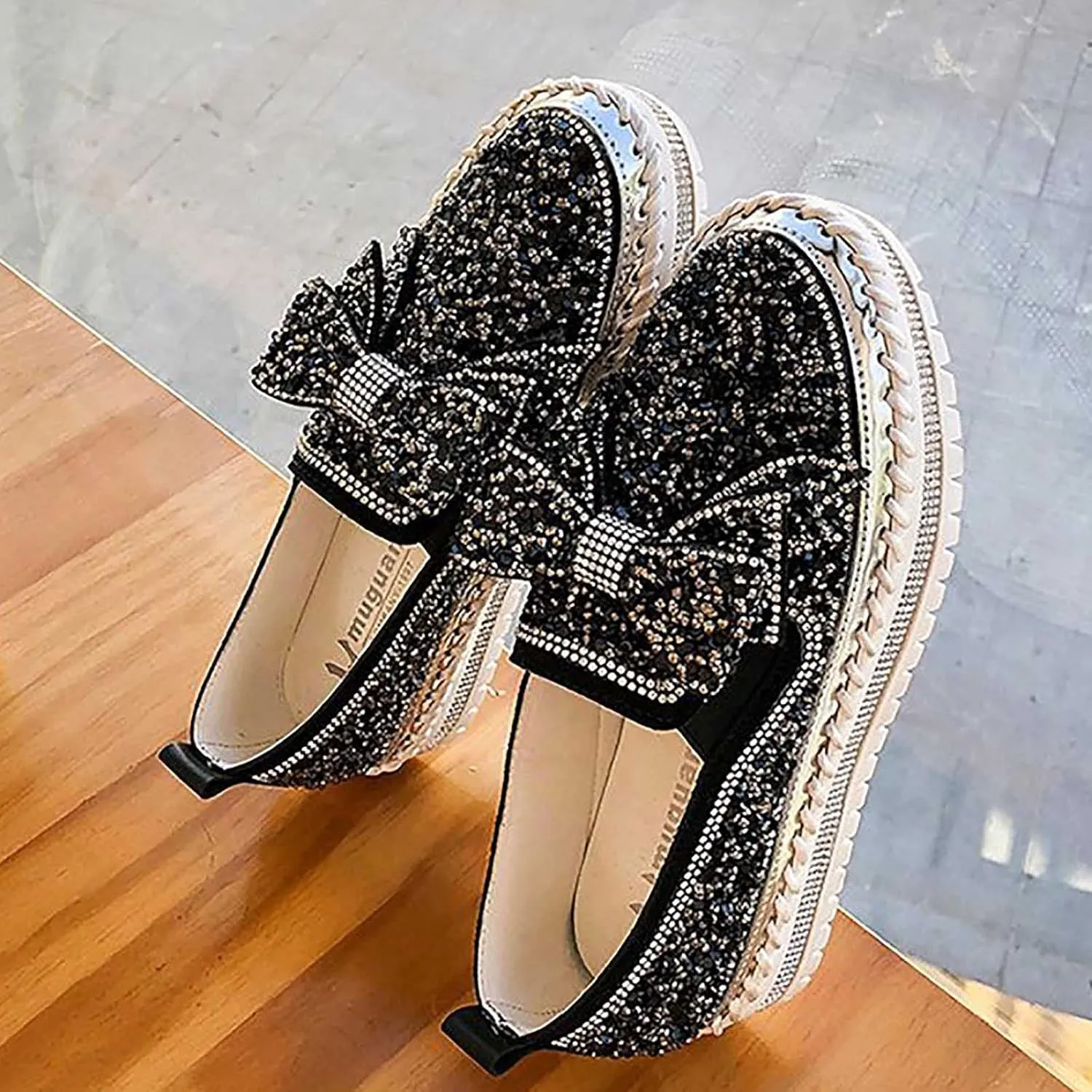 oiangi Womens Bow Sequined Platform Shoes,Fashion Round Toe Closed Toe Slip-on Comfy Sneaker Casual Flat Loafers