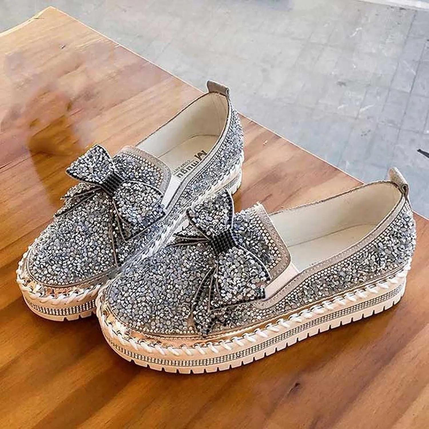 oiangi Womens Bow Sequined Platform Shoes,Fashion Round Toe Closed Toe Slip-on Comfy Sneaker Casual Flat Loafers