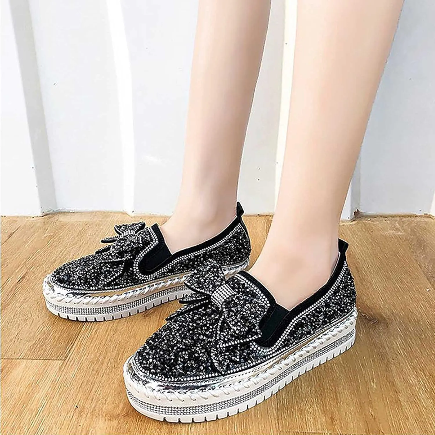 oiangi Womens Bow Sequined Platform Shoes,Fashion Round Toe Closed Toe Slip-on Comfy Sneaker Casual Flat Loafers