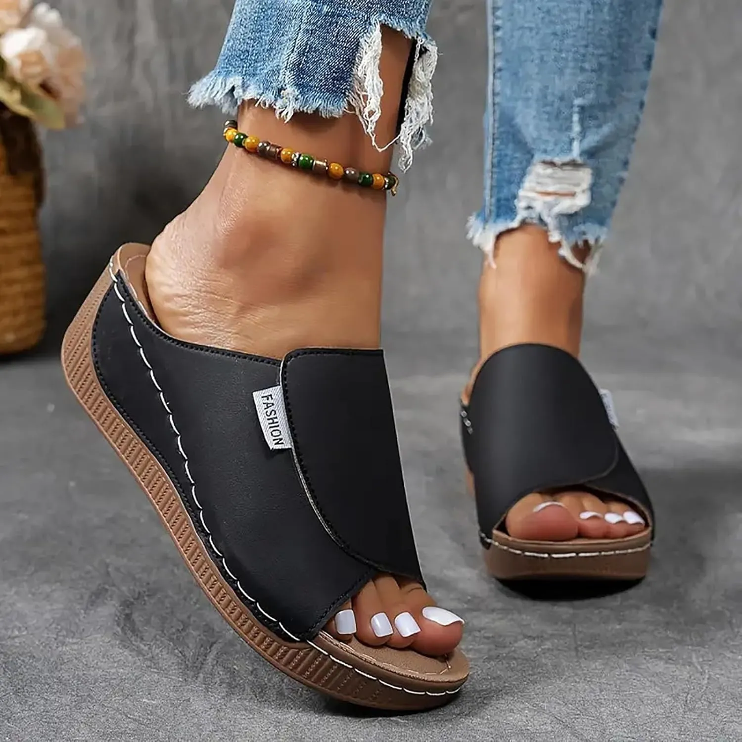 Orthopedic Wedge Sandals for Women, Orthopedic Arch Support Slide Flat Slip on Wide Width Leather Platform Wedge Slides Heels Sandals Diabetic Walking Summer Shoes