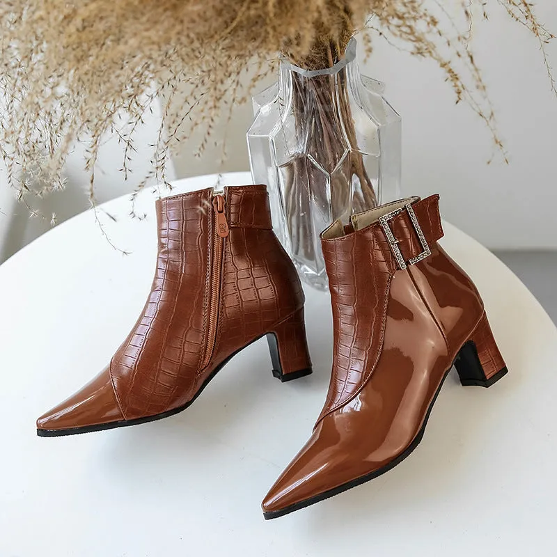 Patent PU High Heel Ankle Boots – Pointed Toe Waterproof Booties