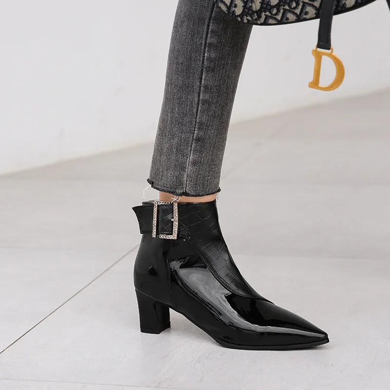 Patent PU High Heel Ankle Boots – Pointed Toe Waterproof Booties
