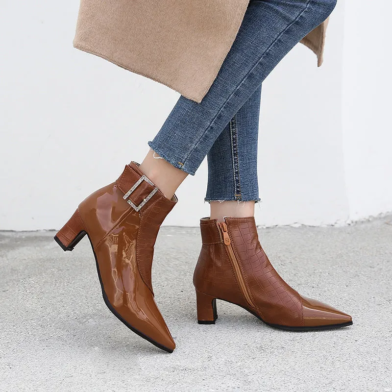 Patent PU High Heel Ankle Boots – Pointed Toe Waterproof Booties