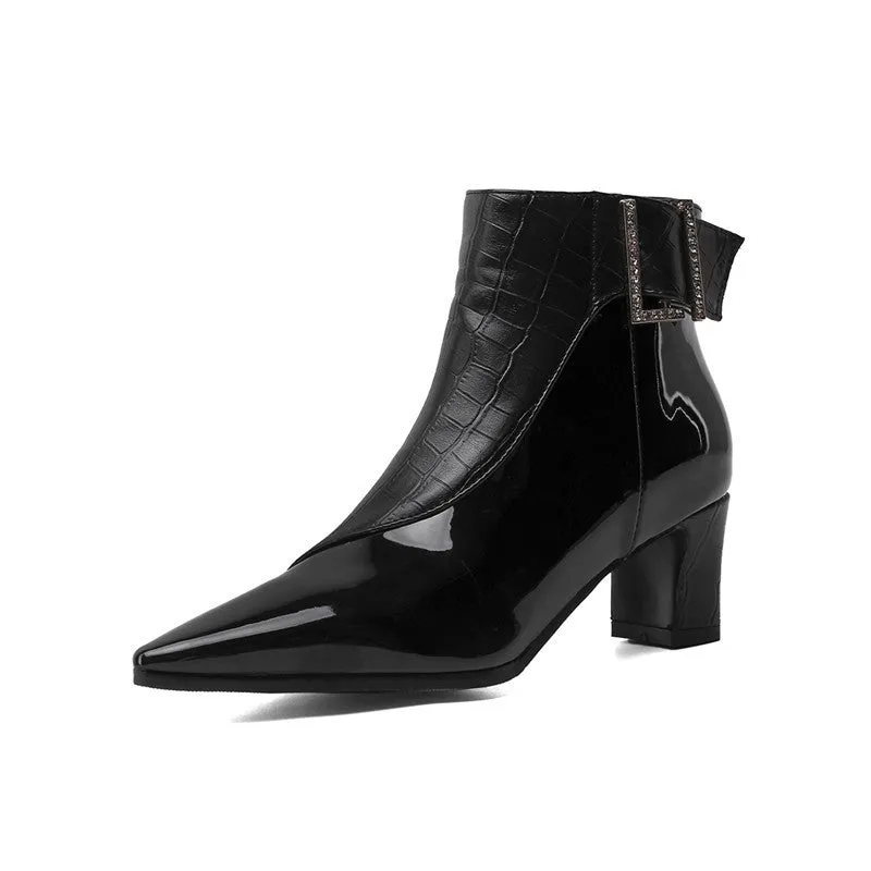 Patent PU High Heel Ankle Boots – Pointed Toe Waterproof Booties