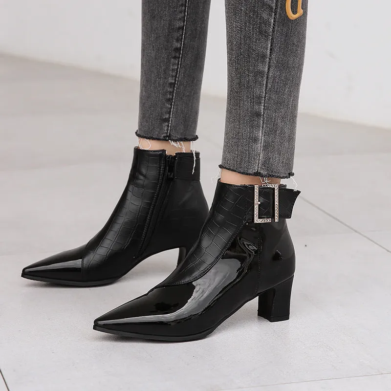 Patent PU High Heel Ankle Boots – Pointed Toe Waterproof Booties