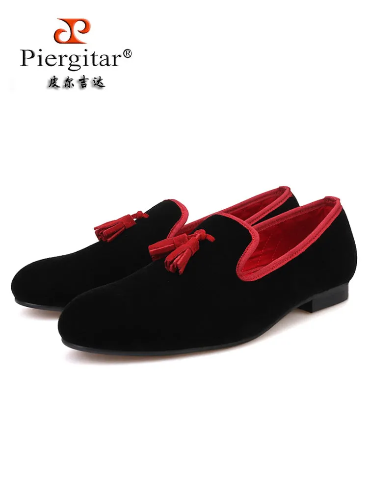piergitar multi-color leather tassel velvet men's shoes British style large size trendy smoking shoes velvet loafers