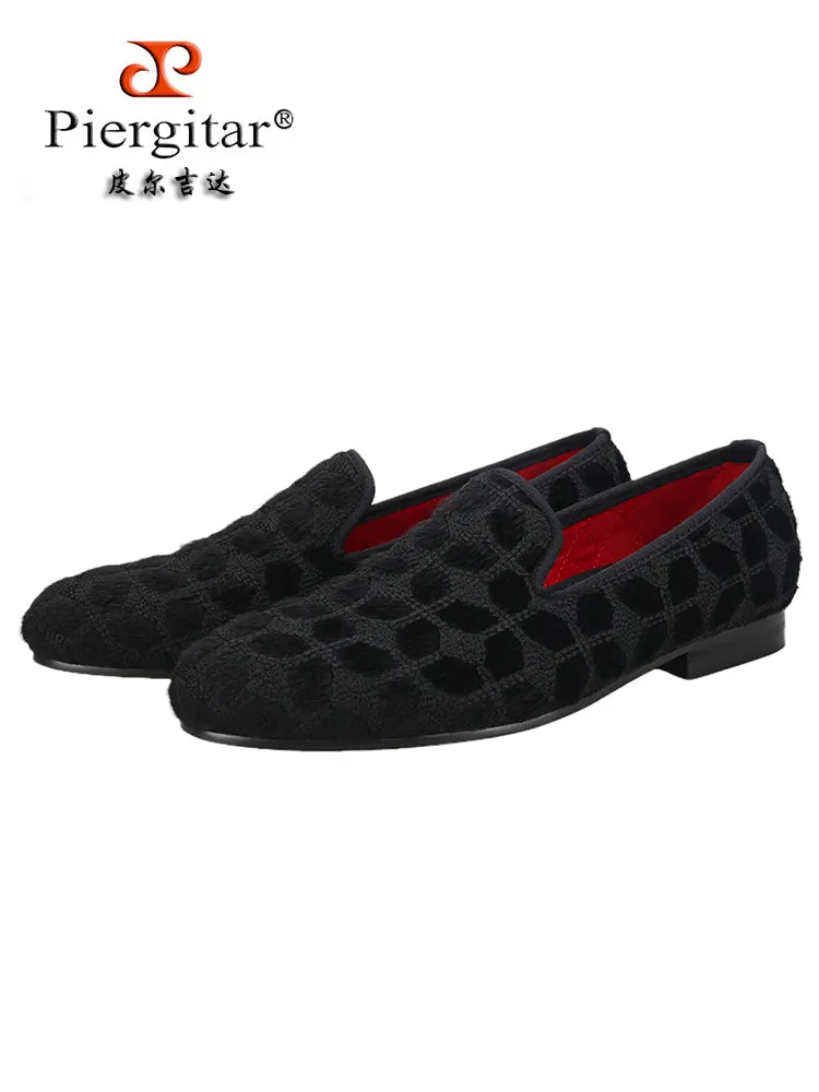 Piergitar's new handmade black velvet plaid men's loafers European and American style trendy banquet slip-on shoes
