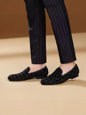 Piergitar's new handmade black velvet plaid men's loafers European and American style trendy banquet slip-on shoes