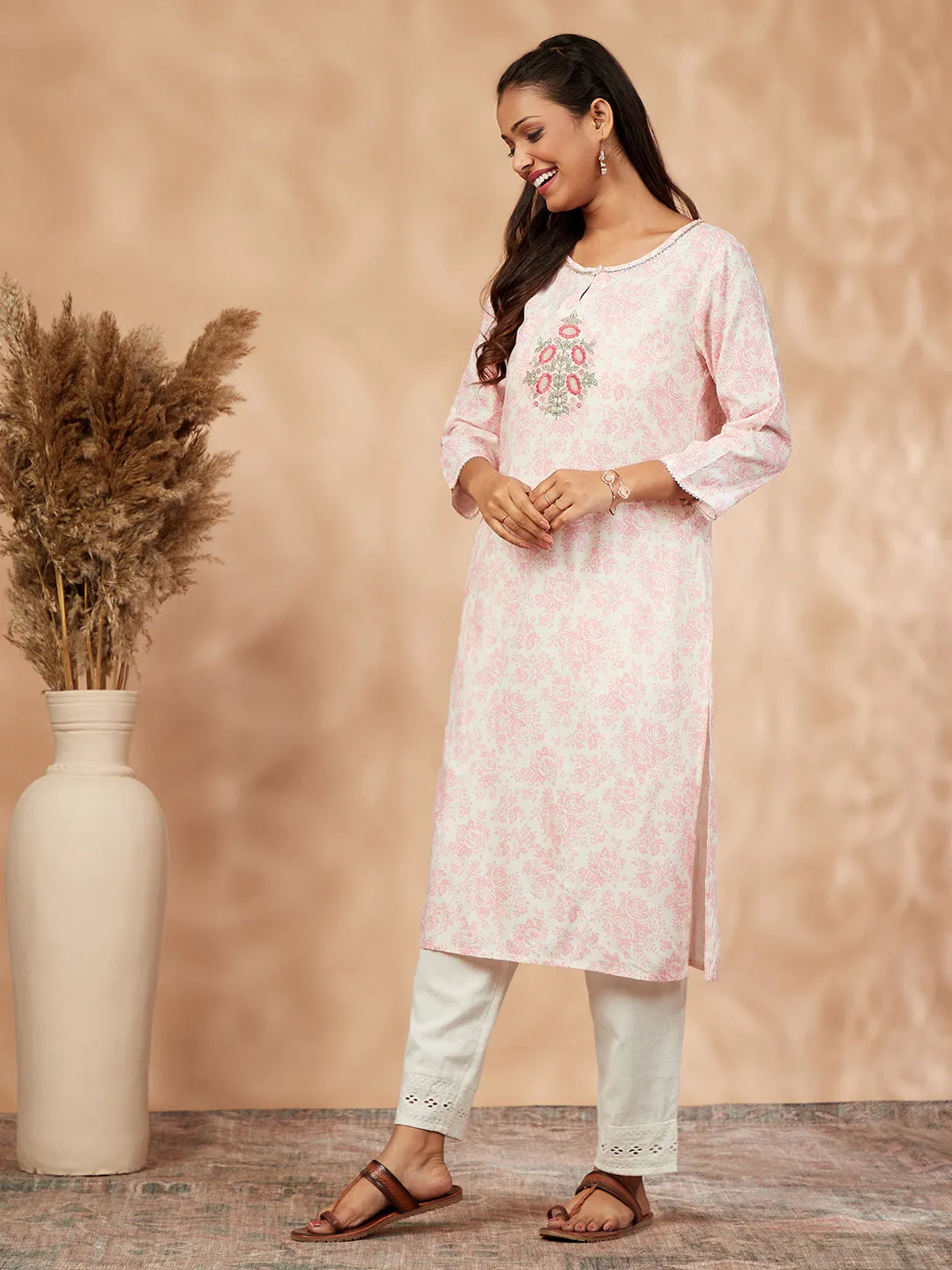 Pink Printed Rayon Straight Kurta