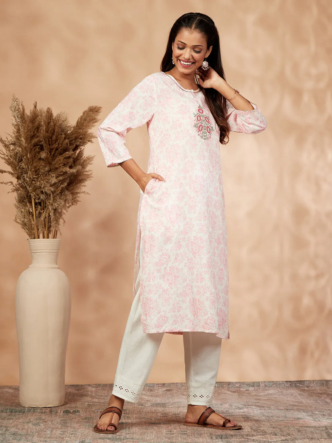 Pink Printed Rayon Straight Kurta