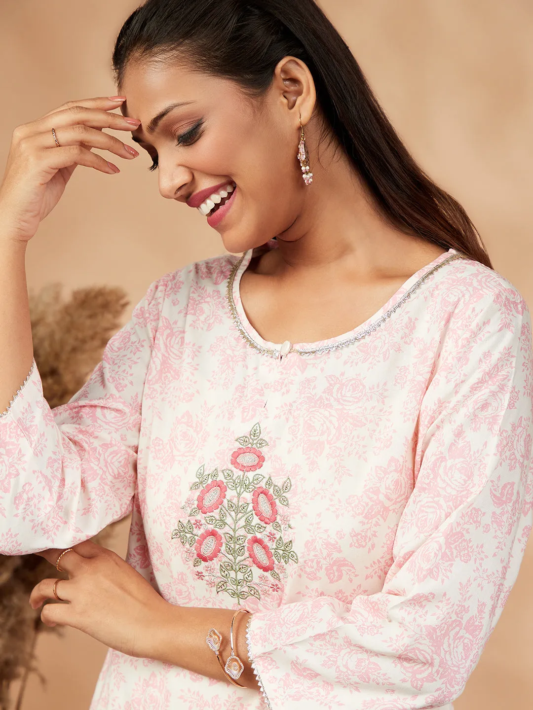 Pink Printed Rayon Straight Kurta