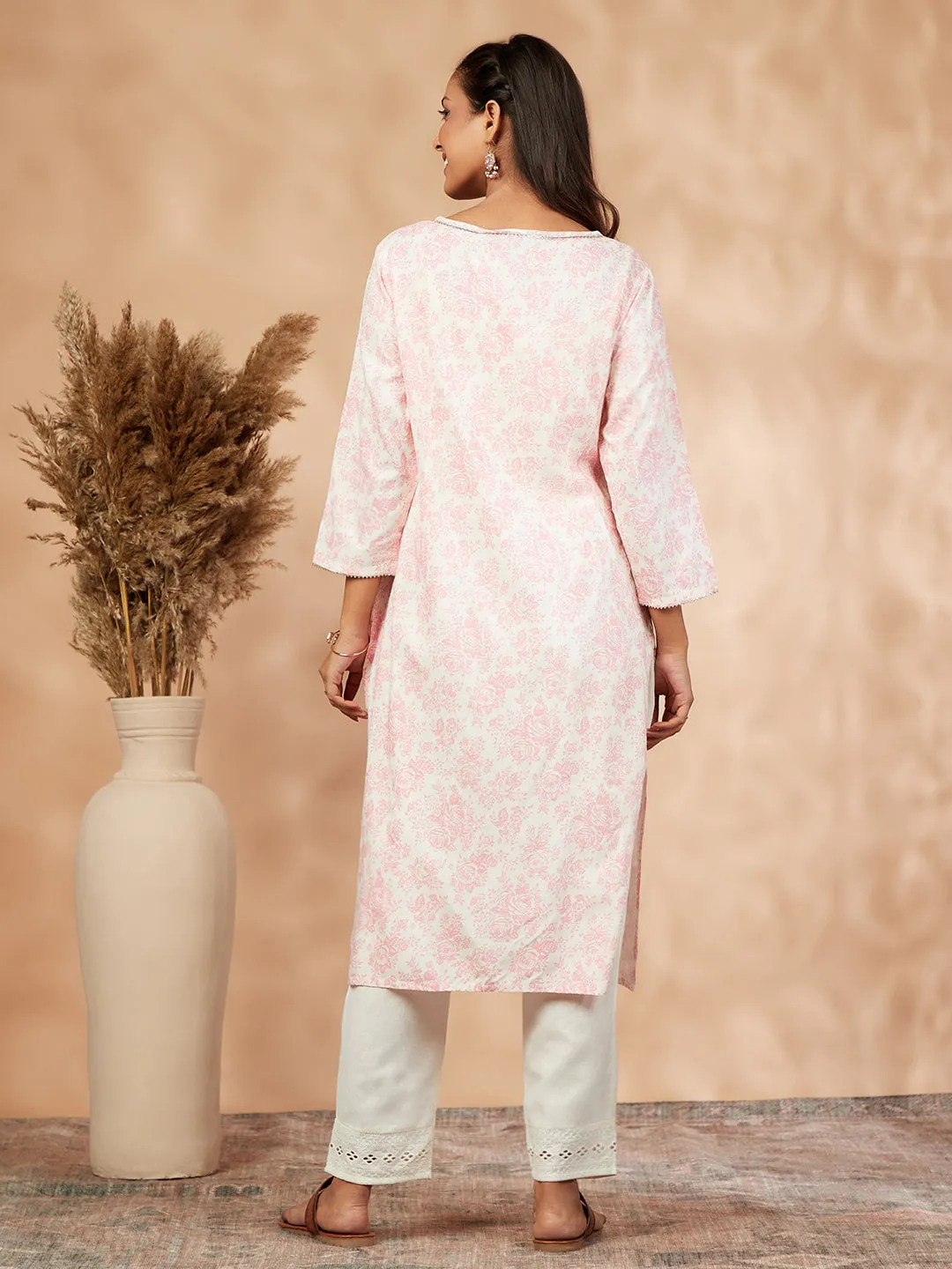 Pink Printed Rayon Straight Kurta