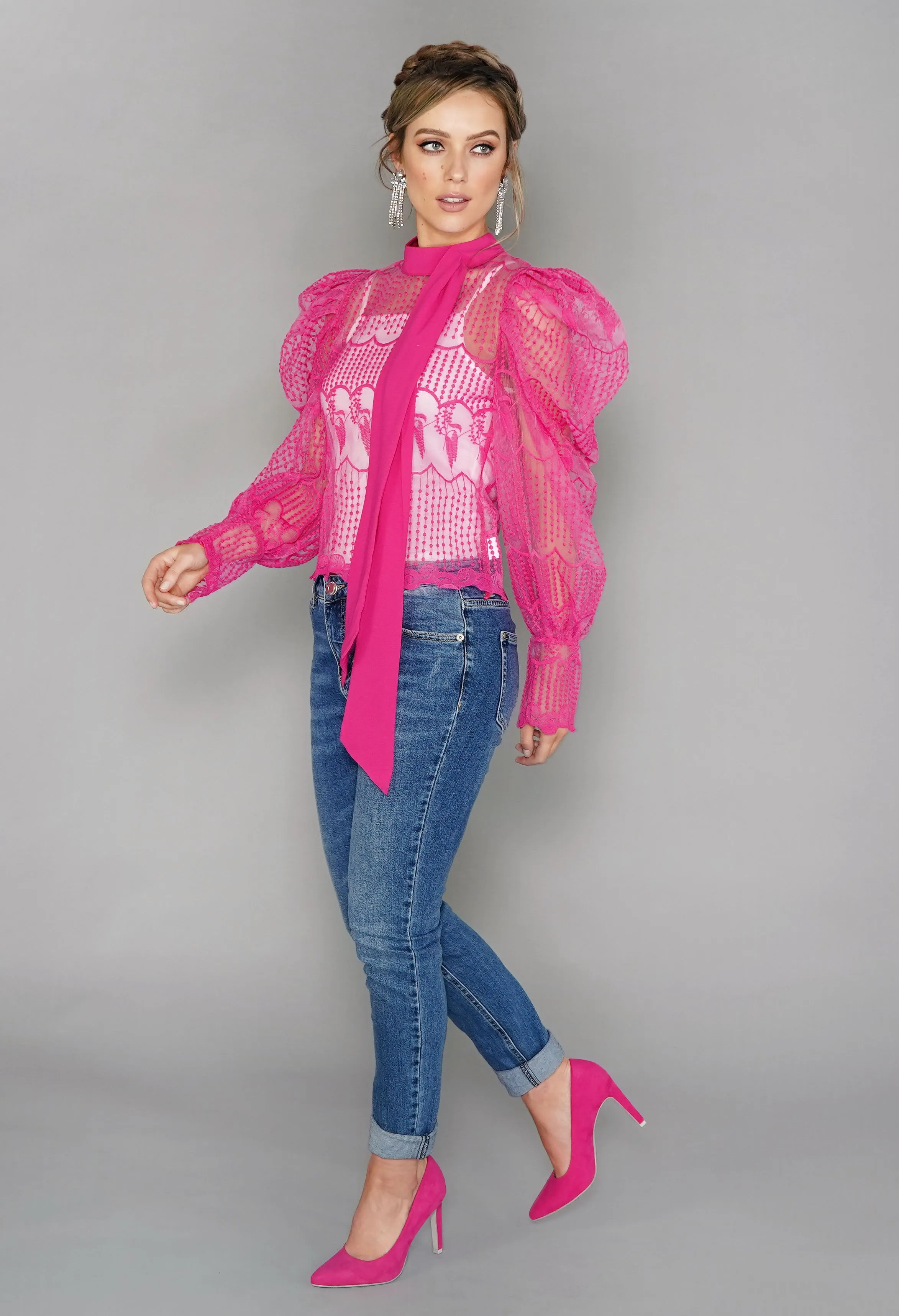 Pink Puff Sleeve Embroidered Mesh Top