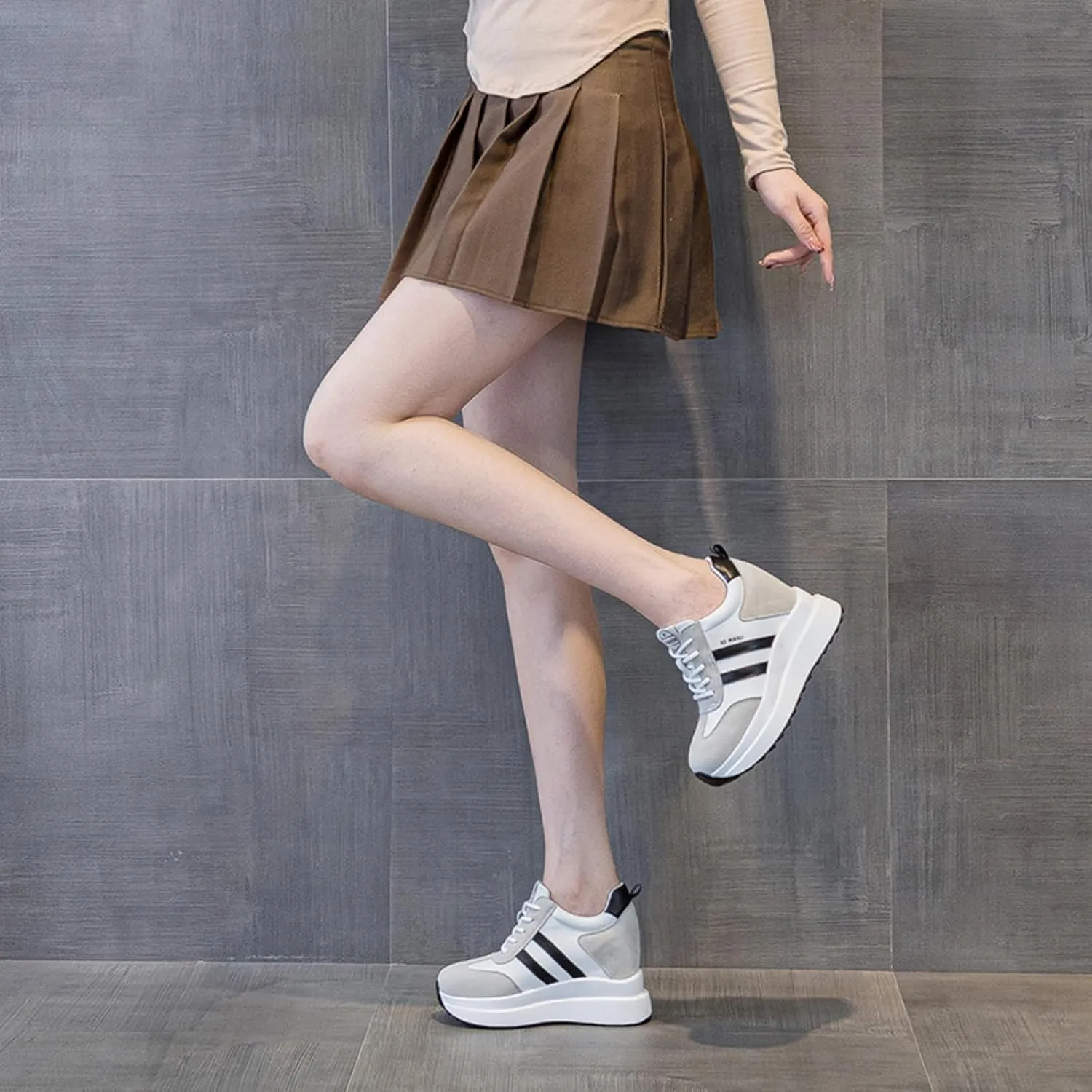Platform Sneakers for Women - High Hidden Heel Wedge Fashion Leather Chunky Lace up Wedge Tennis Shoes Increasing 3.94 inch
