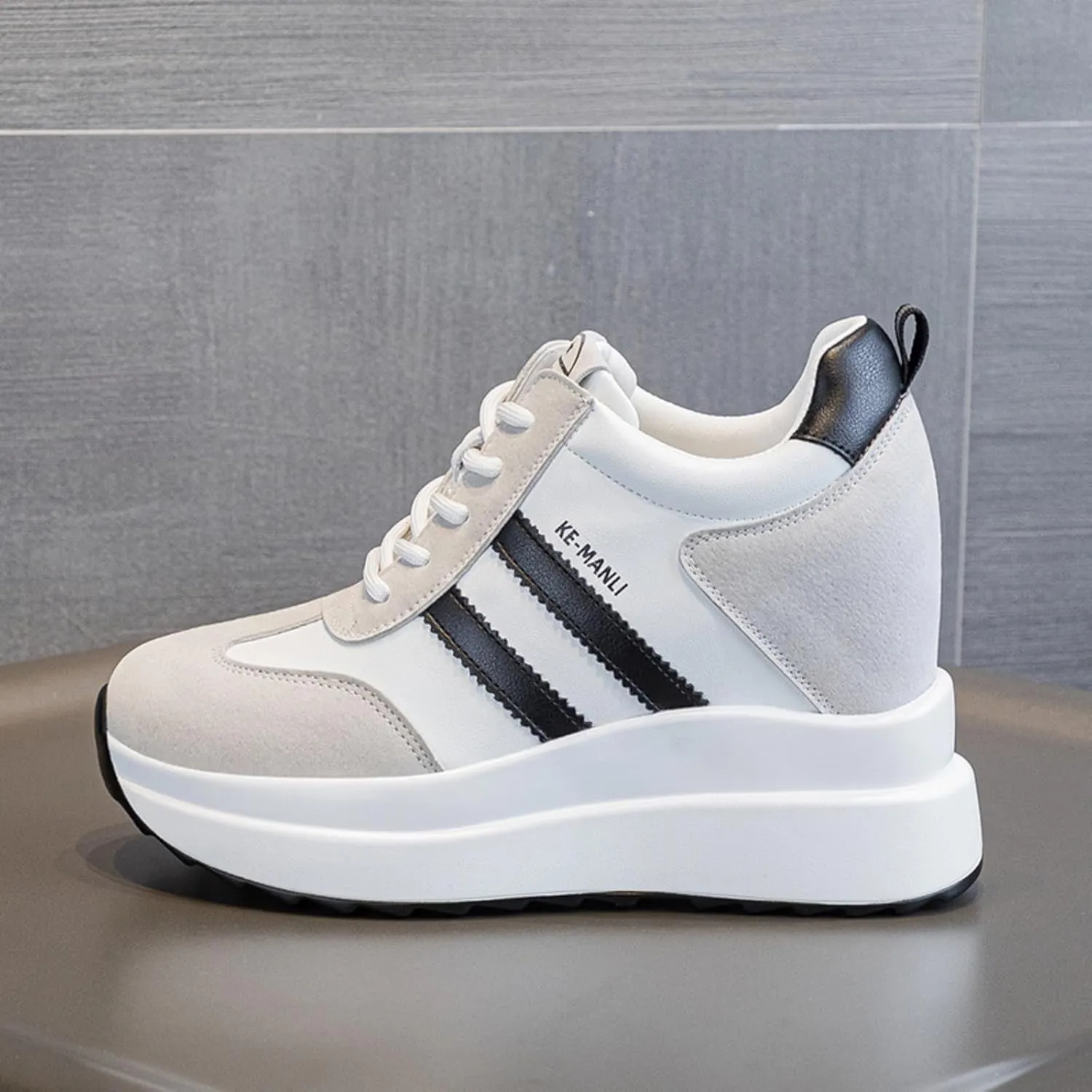 Platform Sneakers for Women - High Hidden Heel Wedge Fashion Leather Chunky Lace up Wedge Tennis Shoes Increasing 3.94 inch