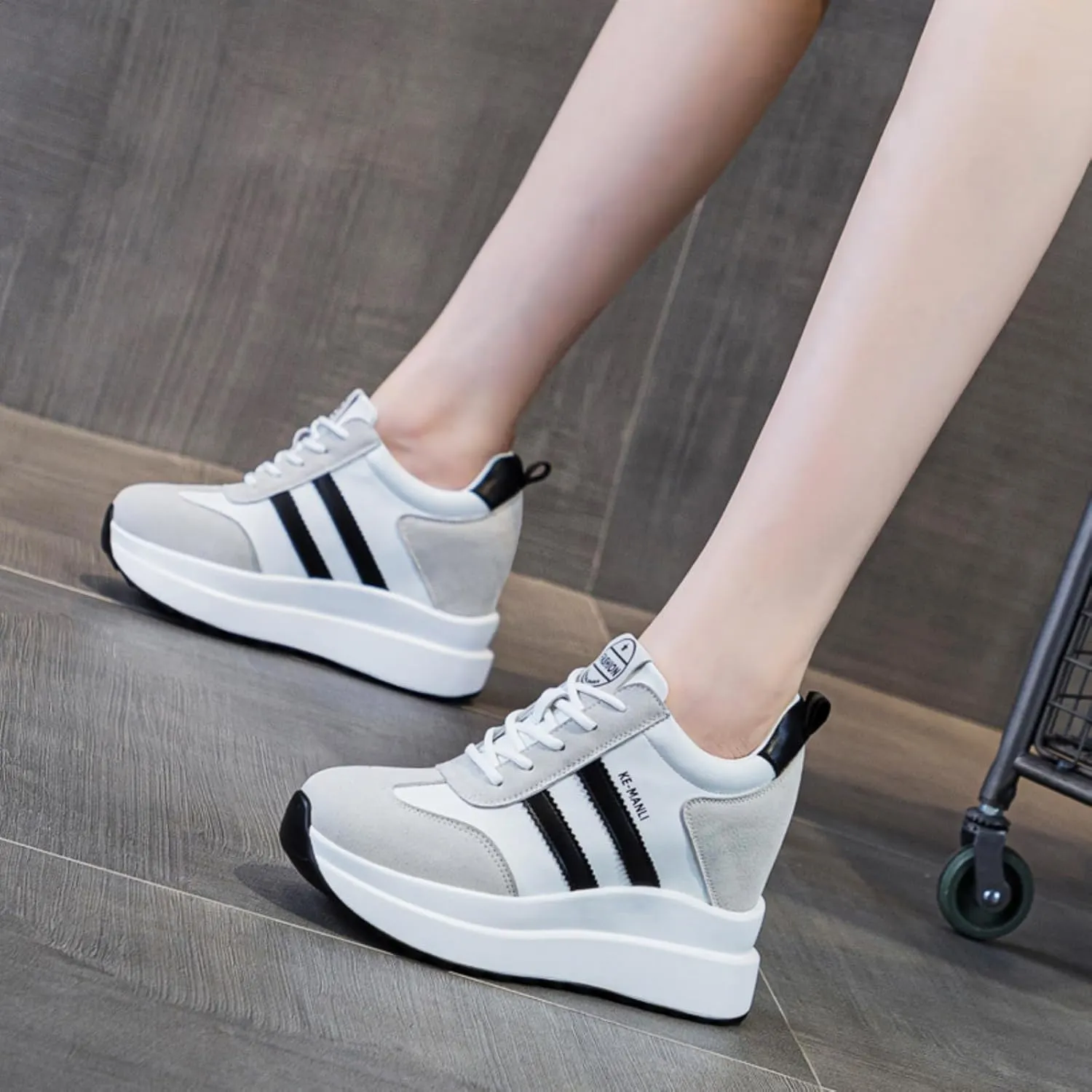 Platform Sneakers for Women - High Hidden Heel Wedge Fashion Leather Chunky Lace up Wedge Tennis Shoes Increasing 3.94 inch