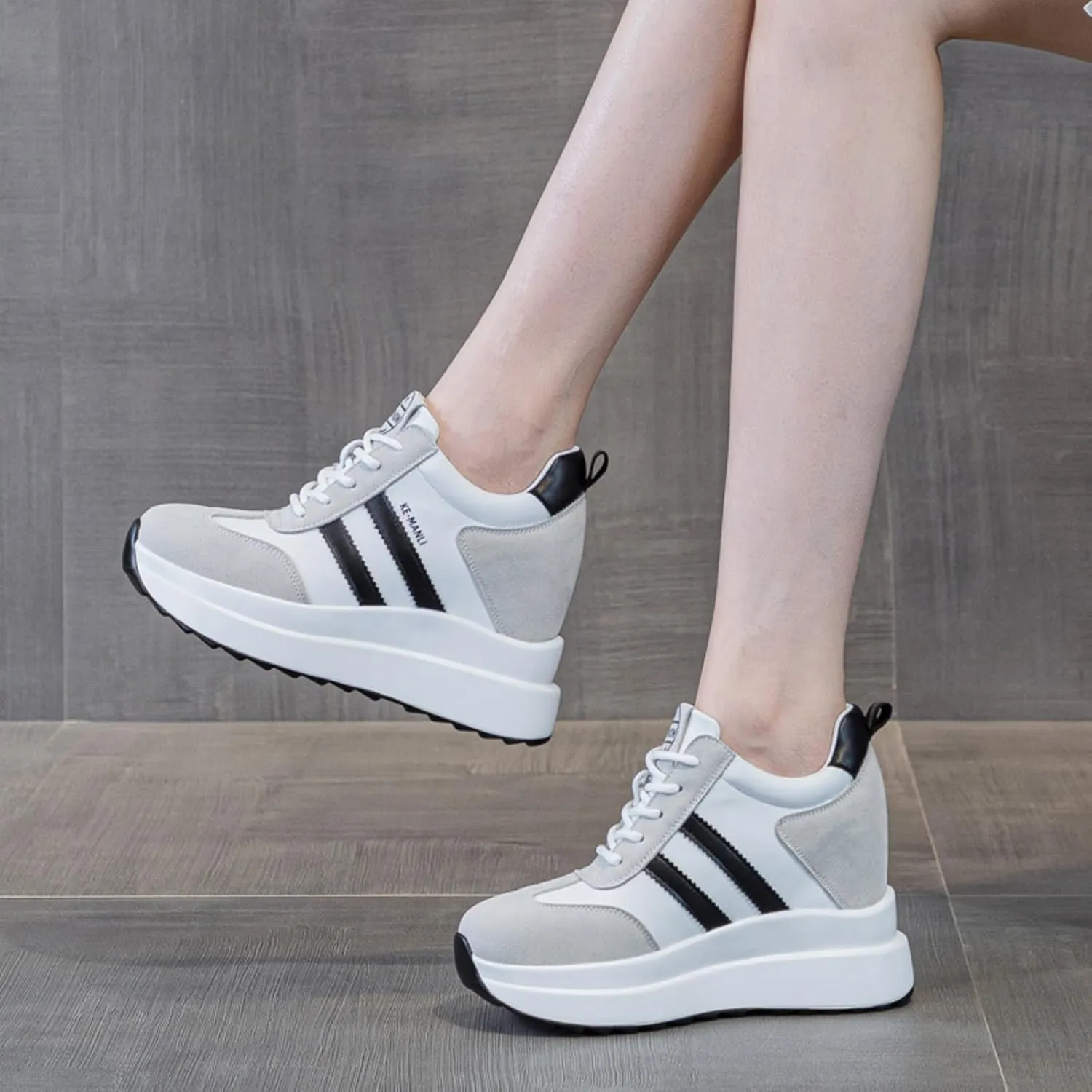 Platform Sneakers for Women - High Hidden Heel Wedge Fashion Leather Chunky Lace up Wedge Tennis Shoes Increasing 3.94 inch