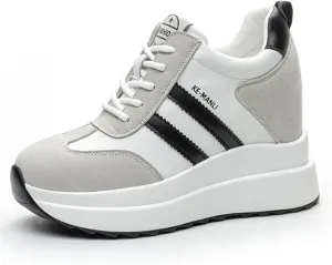 Platform Sneakers for Women - High Hidden Heel Wedge Fashion Leather Chunky Lace up Wedge Tennis Shoes Increasing 3.94 inch