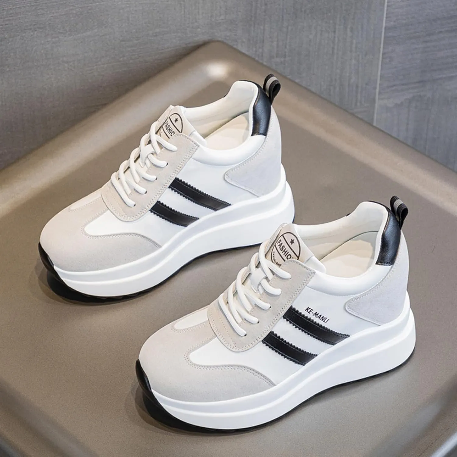 Platform Sneakers for Women - High Hidden Heel Wedge Fashion Leather Chunky Lace up Wedge Tennis Shoes Increasing 3.94 inch