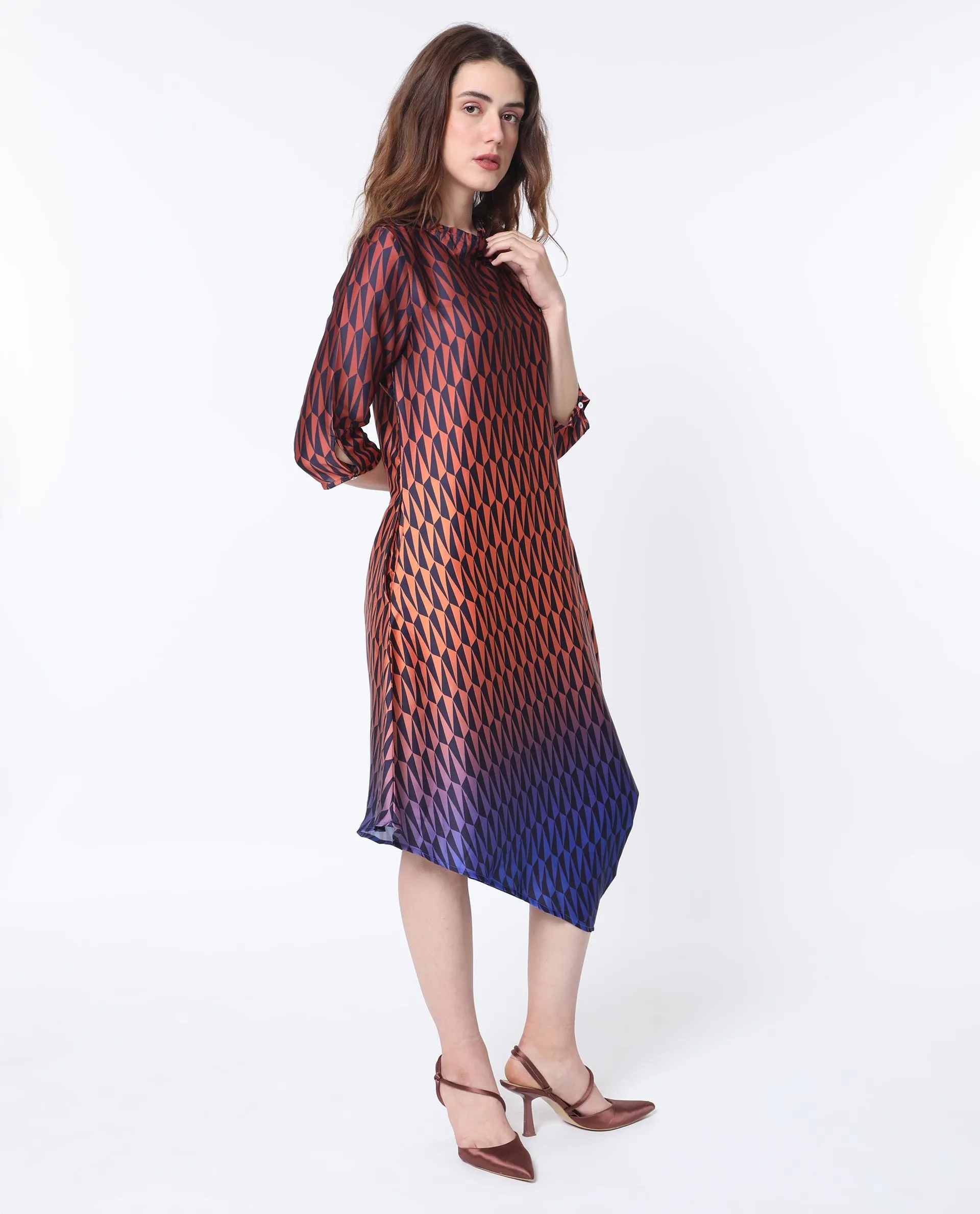 Rareism Women Ohren Multi Polyester Fabric 3/4Th Sleeves Zip Closure High Neck Relaxed Fit Geometric Print Midi Asymmetric Dress