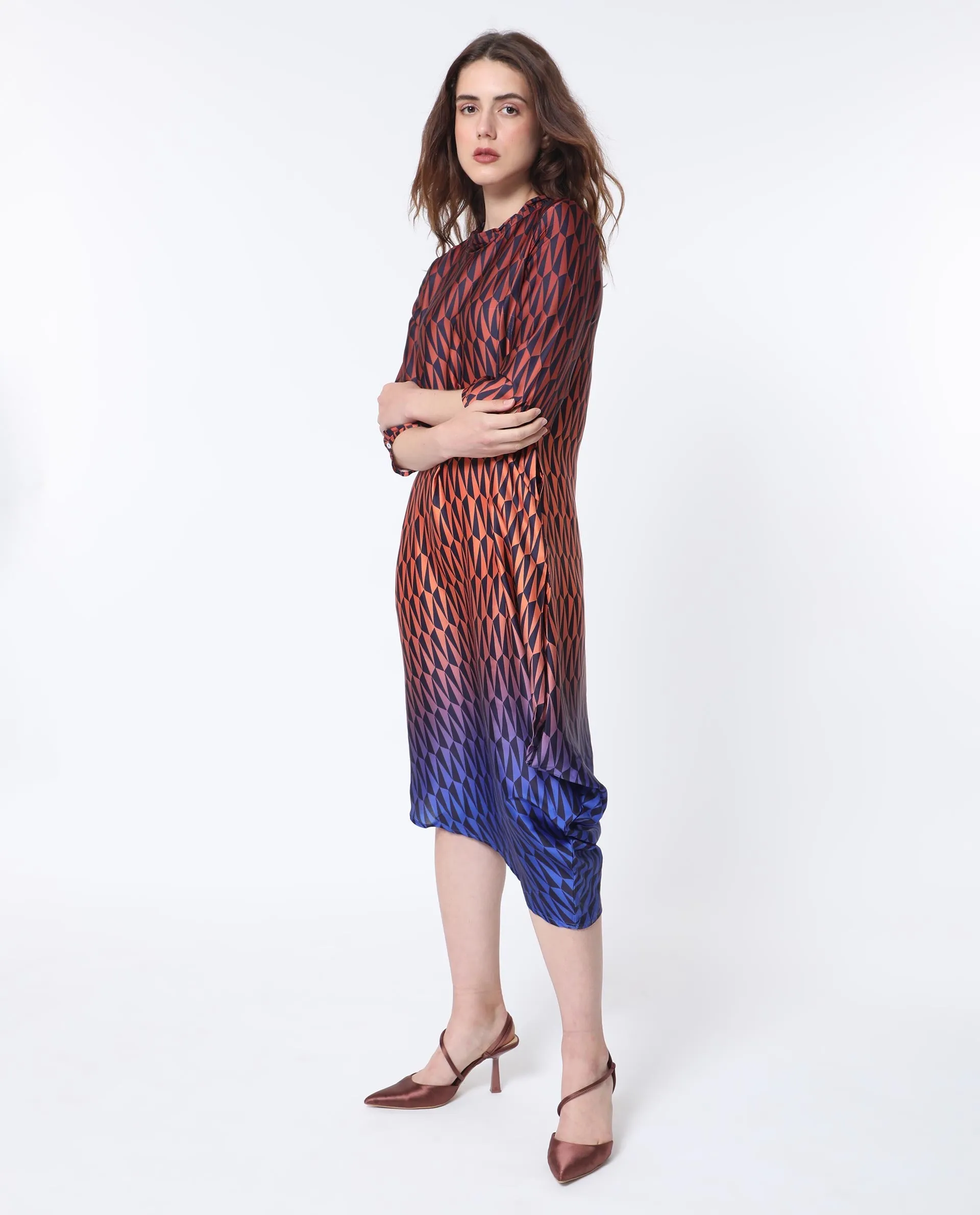 Rareism Women Ohren Multi Polyester Fabric 3/4Th Sleeves Zip Closure High Neck Relaxed Fit Geometric Print Midi Asymmetric Dress