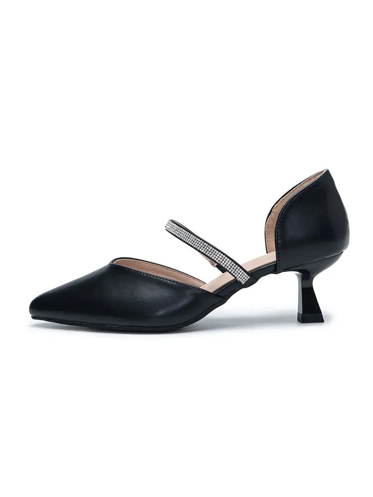Rhinestone Leather Pointed Toe Low Heels