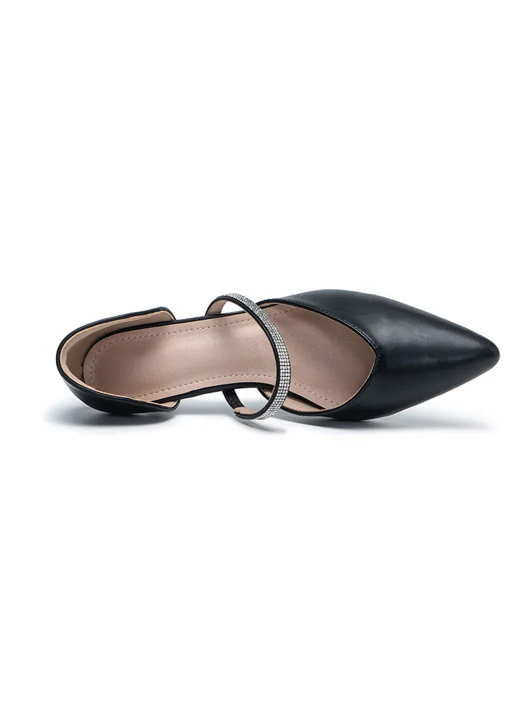 Rhinestone Leather Pointed Toe Low Heels