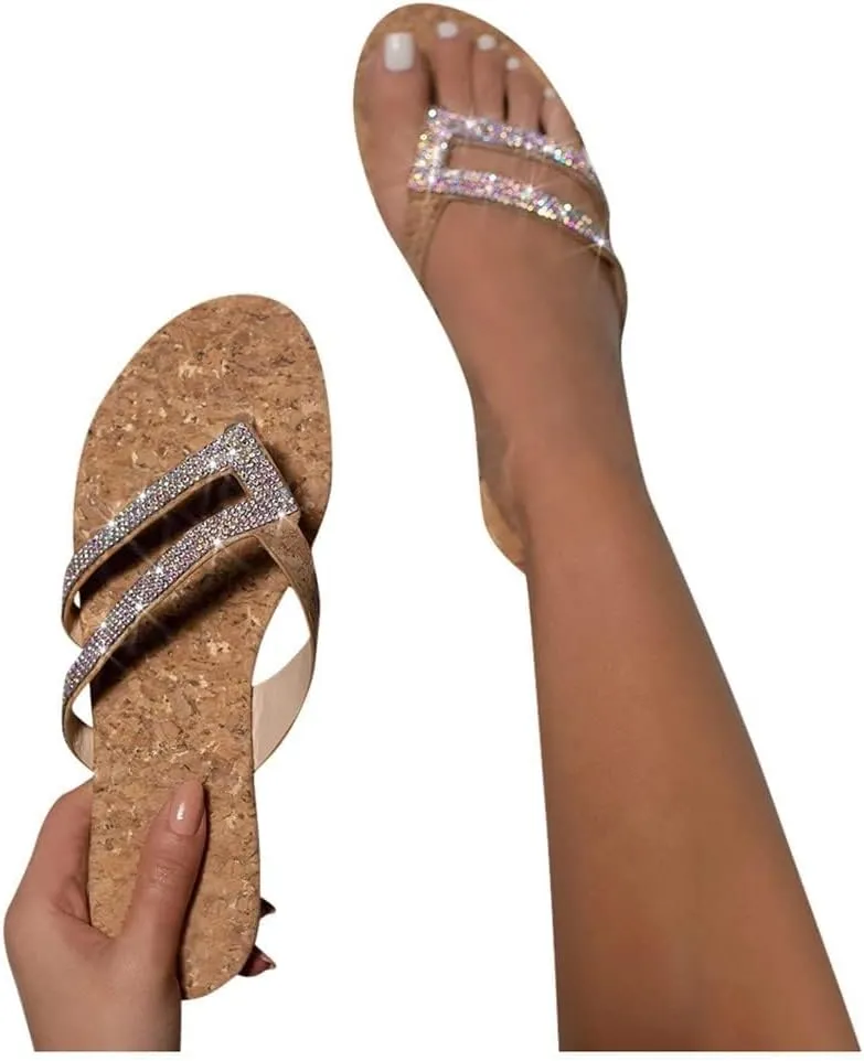 Rhinestones Sandals for Women 2025 Dressy Summer Bohemian Flat Casual Rhinestone Beaded Sparkly Bling Toe Ring Bridal Sandal Comfortable Elastic Ankle Strap Beach Wedding Sandals