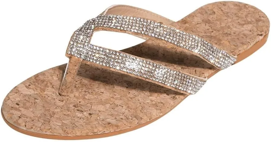 Rhinestones Sandals for Women 2025 Dressy Summer Bohemian Flat Casual Rhinestone Beaded Sparkly Bling Toe Ring Bridal Sandal Comfortable Elastic Ankle Strap Beach Wedding Sandals