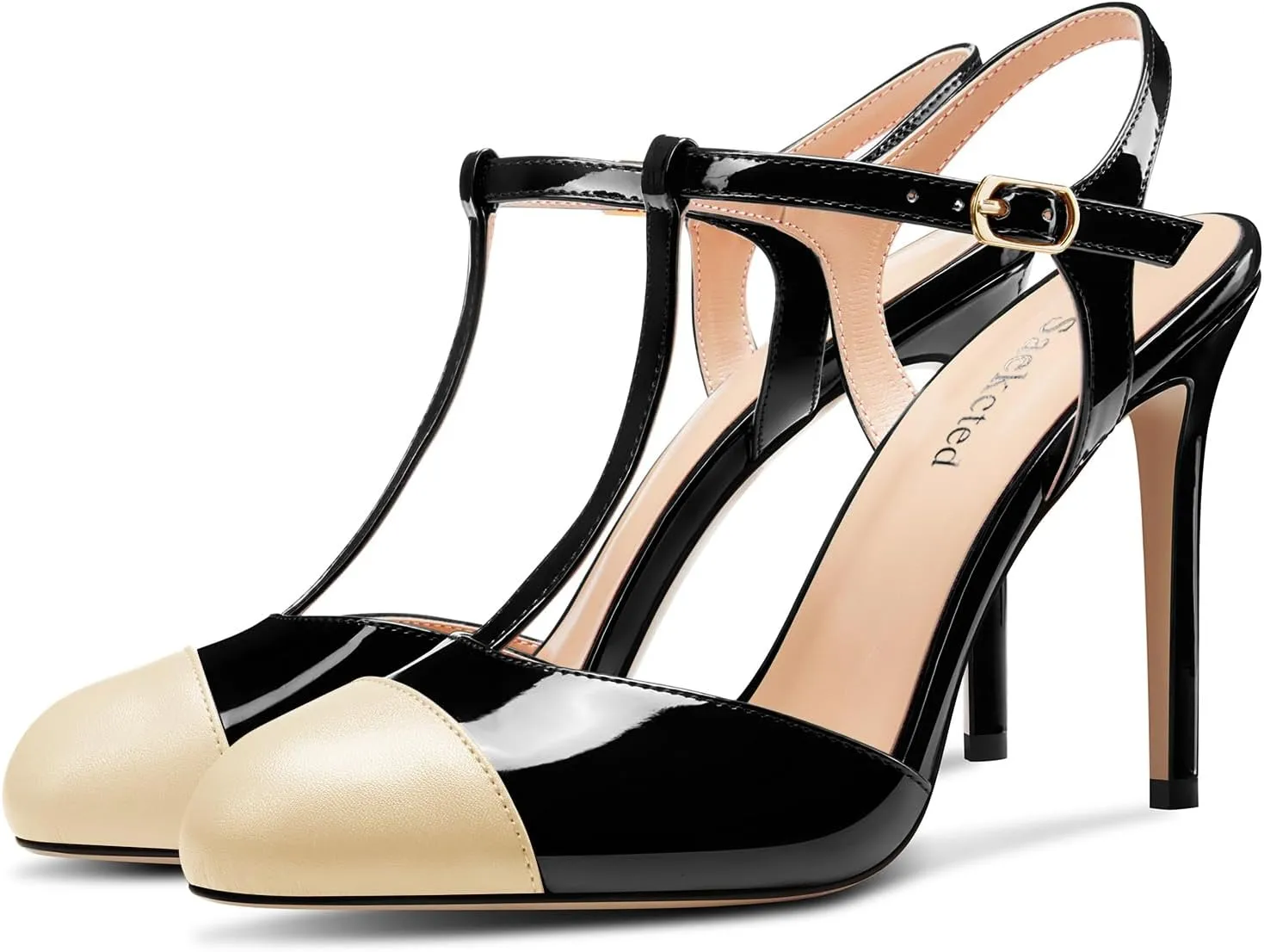 Saekcted Womens Stiletto High Heel Round Toe Pumps Ankle Strap T-Strap Patchwork Prom Cute Summer 3.9 Inches Heels