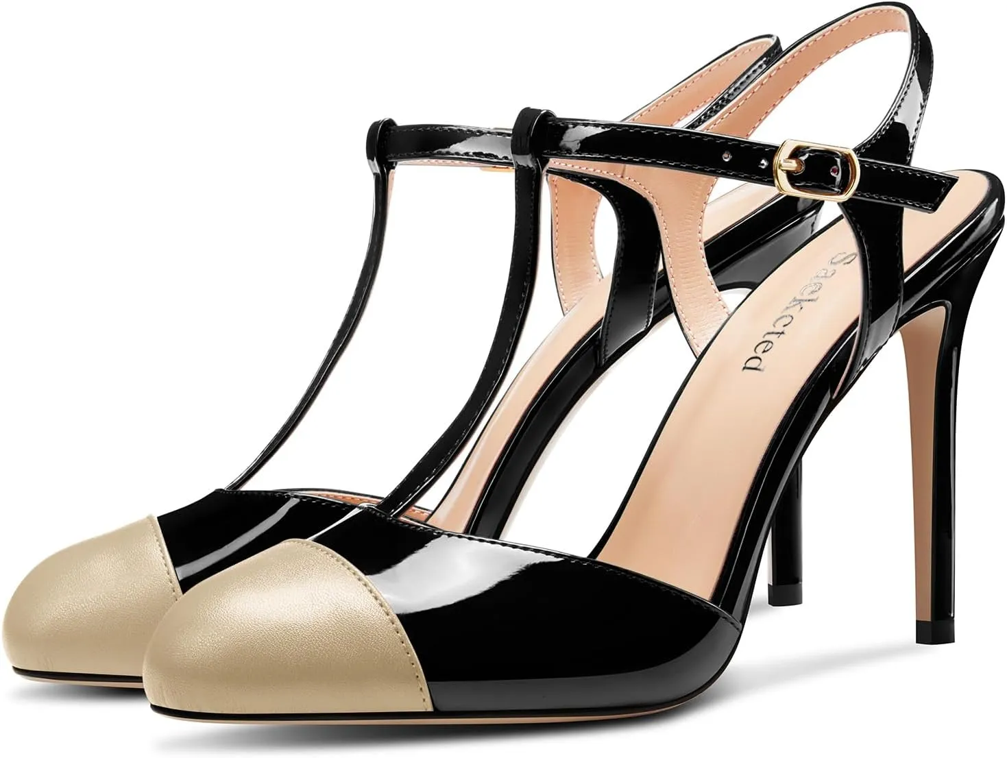Saekcted Womens Stiletto High Heel Round Toe Pumps Ankle Strap T-Strap Patchwork Prom Cute Summer 3.9 Inches Heels