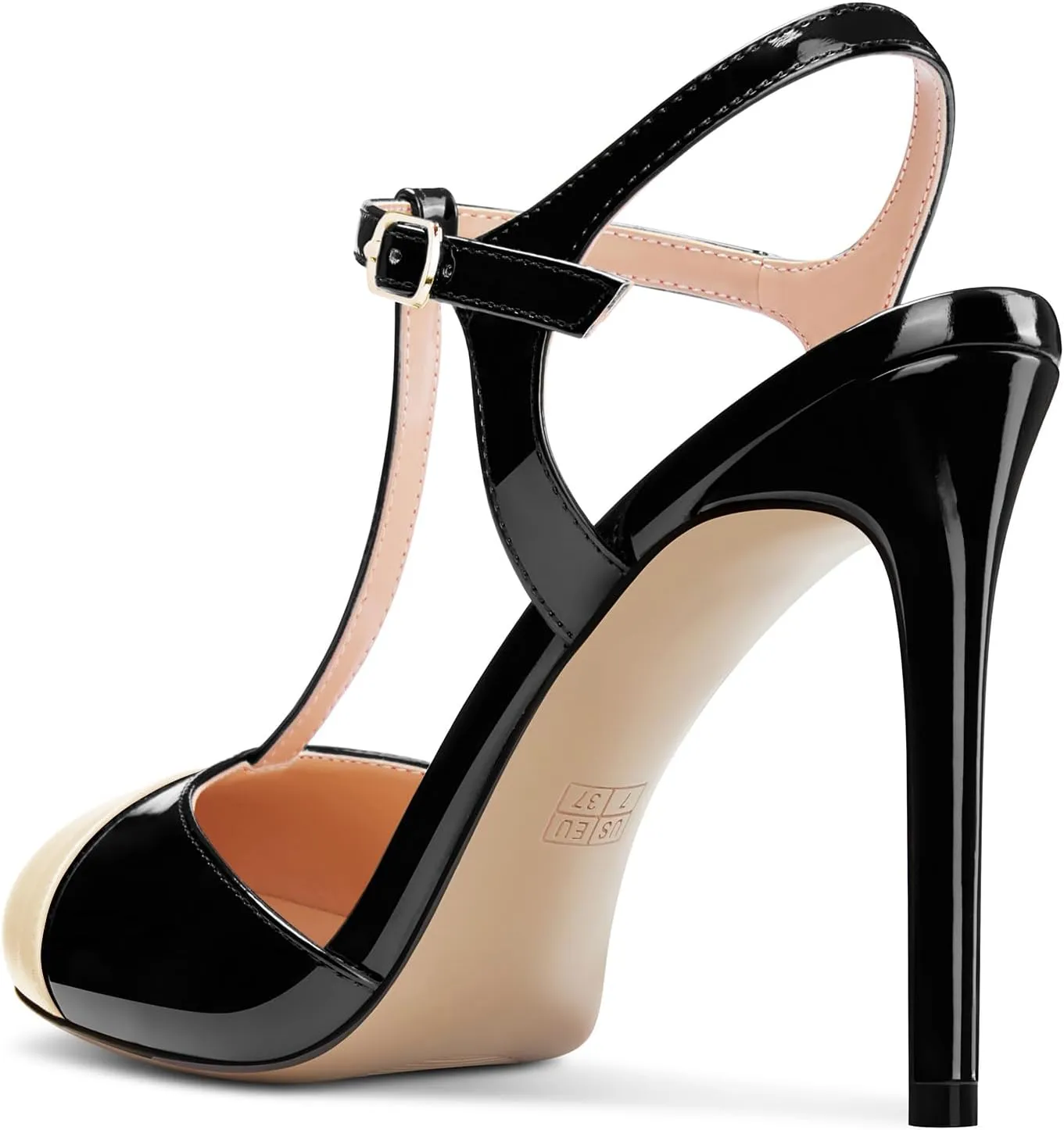 Saekcted Womens Stiletto High Heel Round Toe Pumps Ankle Strap T-Strap Patchwork Prom Cute Summer 3.9 Inches Heels