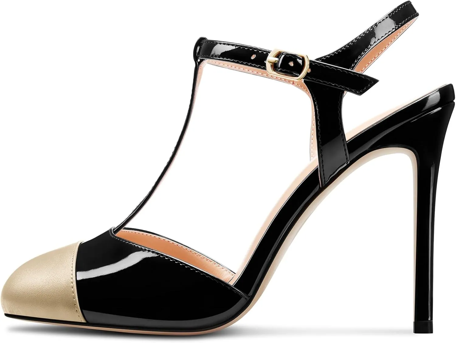 Saekcted Womens Stiletto High Heel Round Toe Pumps Ankle Strap T-Strap Patchwork Prom Cute Summer 3.9 Inches Heels