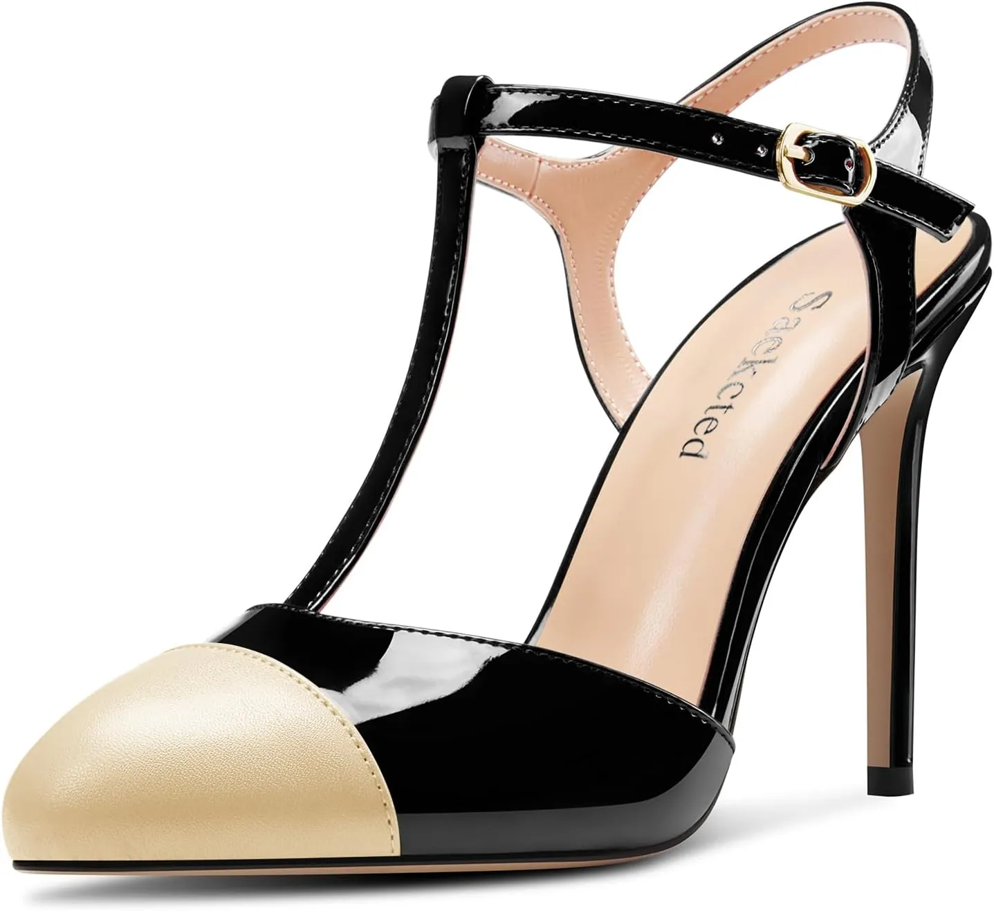 Saekcted Womens Stiletto High Heel Round Toe Pumps Ankle Strap T-Strap Patchwork Prom Cute Summer 3.9 Inches Heels