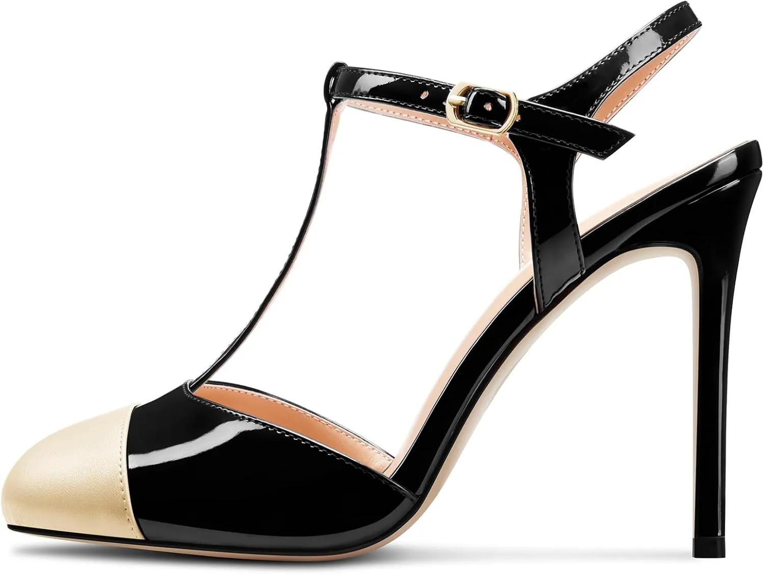Saekcted Womens Stiletto High Heel Round Toe Pumps Ankle Strap T-Strap Patchwork Prom Cute Summer 3.9 Inches Heels
