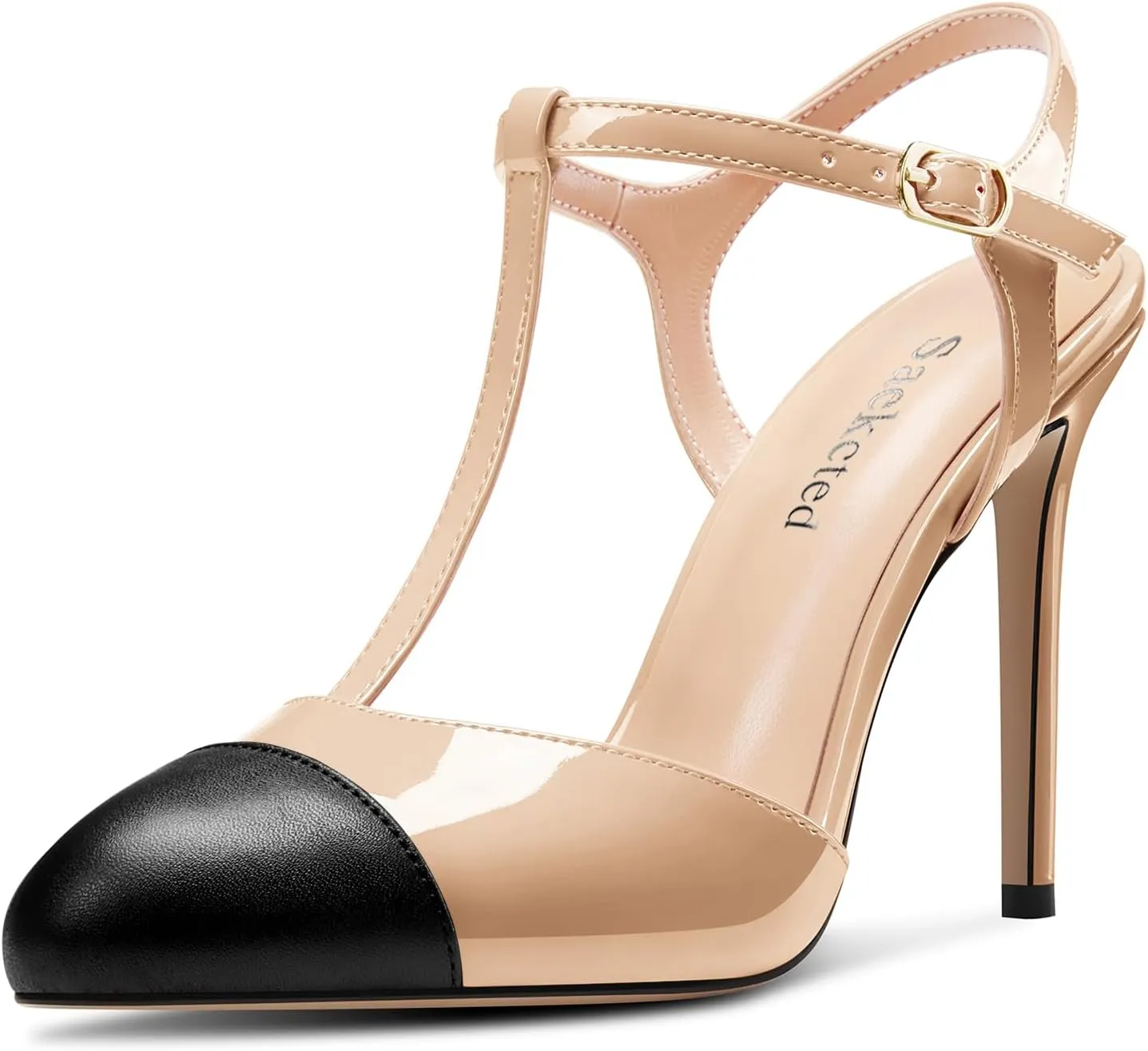 Saekcted Womens Stiletto High Heel Round Toe Pumps Ankle Strap T-Strap Patchwork Prom Cute Summer 3.9 Inches Heels