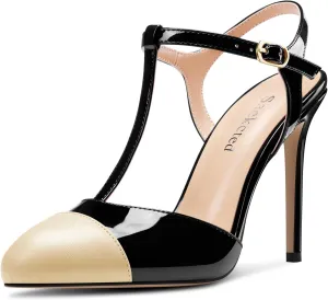 Saekcted Womens Stiletto High Heel Round Toe Pumps Ankle Strap T-Strap Patchwork Prom Cute Summer 3.9 Inches Heels
