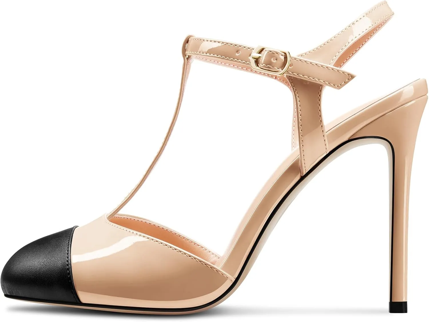 Saekcted Womens Stiletto High Heel Round Toe Pumps Ankle Strap T-Strap Patchwork Prom Cute Summer 3.9 Inches Heels