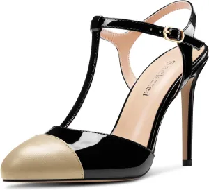 Saekcted Womens Stiletto High Heel Round Toe Pumps Ankle Strap T-Strap Patchwork Prom Cute Summer 3.9 Inches Heels