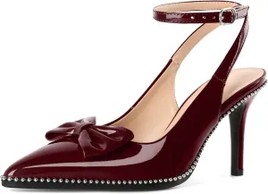 SAMMITOP Women's Slingback Heels with Bow Ankle Strap Pointed Toe Stilettos High Heel Beaded Pumps Wedding Work Dress Shoes 3.5 Inches