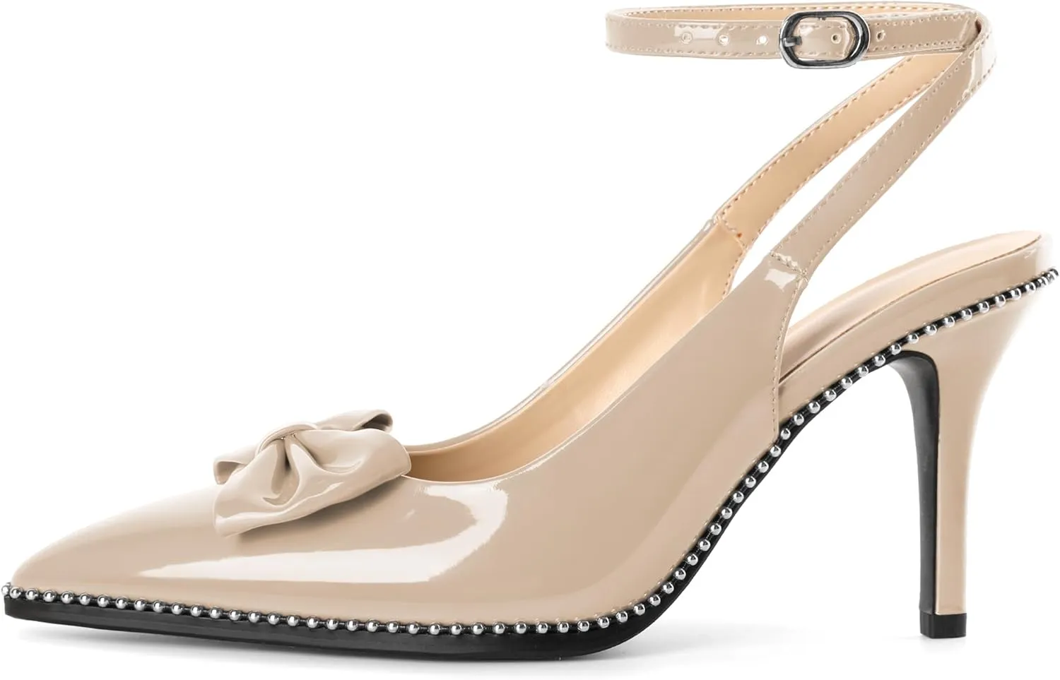 SAMMITOP Women's Slingback Heels with Bow Ankle Strap Pointed Toe Stilettos High Heel Beaded Pumps Wedding Work Dress Shoes 3.5 Inches
