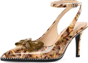 SAMMITOP Women's Slingback Heels with Bow Ankle Strap Pointed Toe Stilettos High Heel Beaded Pumps Wedding Work Dress Shoes 3.5 Inches
