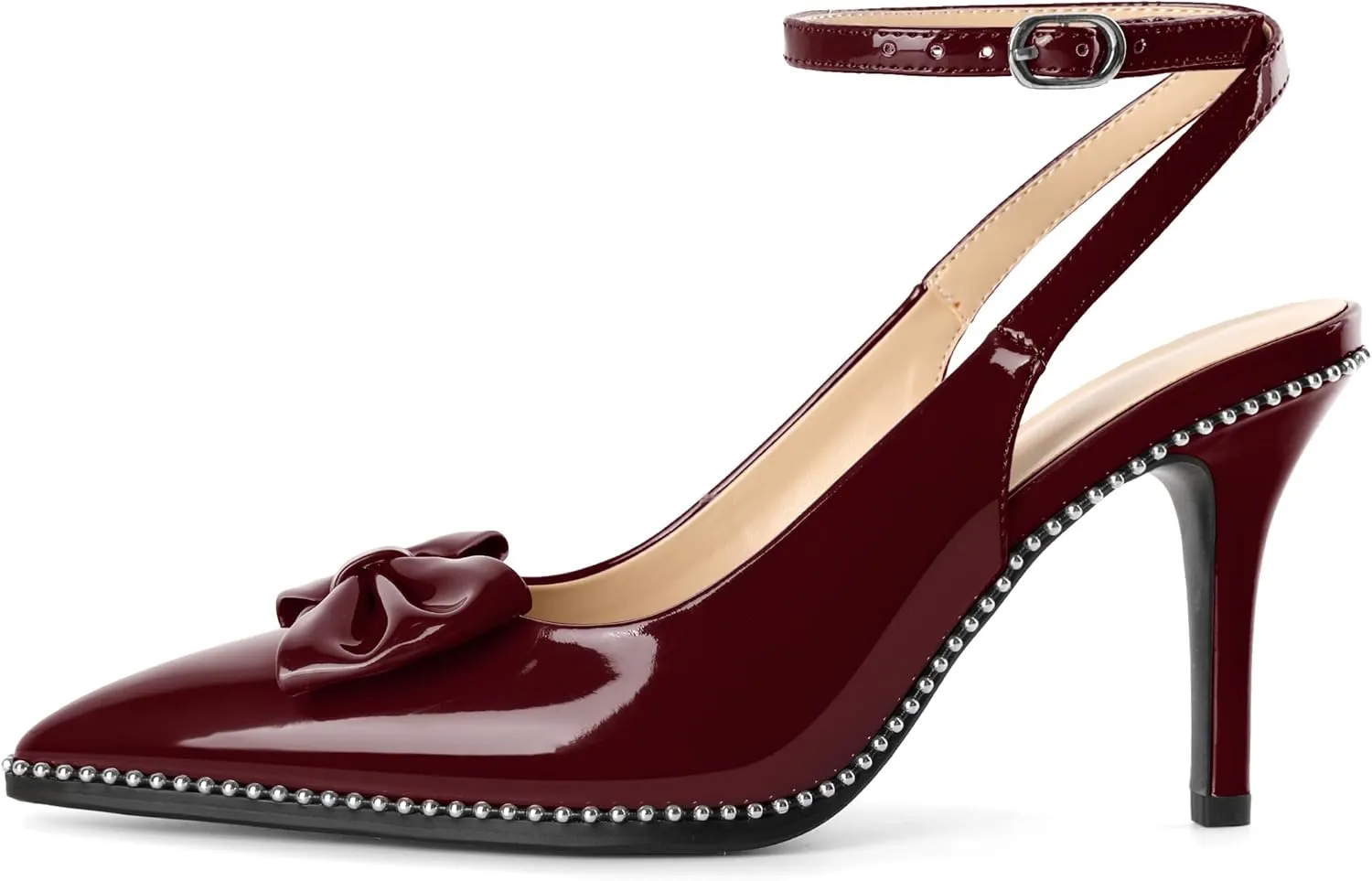 SAMMITOP Women's Slingback Heels with Bow Ankle Strap Pointed Toe Stilettos High Heel Beaded Pumps Wedding Work Dress Shoes 3.5 Inches