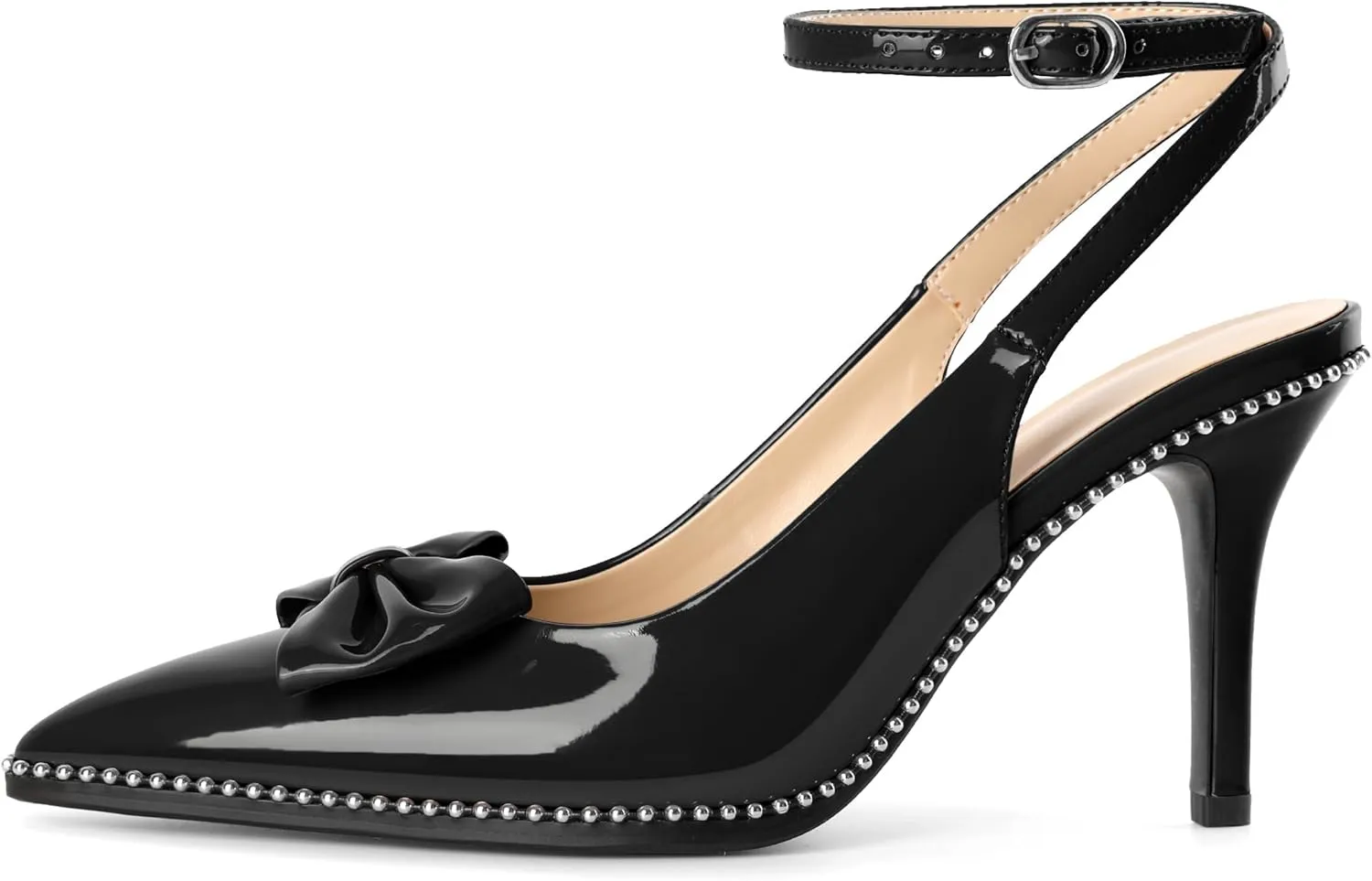SAMMITOP Women's Slingback Heels with Bow Ankle Strap Pointed Toe Stilettos High Heel Beaded Pumps Wedding Work Dress Shoes 3.5 Inches